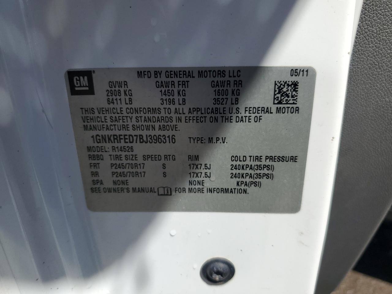 1GNKRFED7BJ396316 2011 Chevrolet Traverse Ls