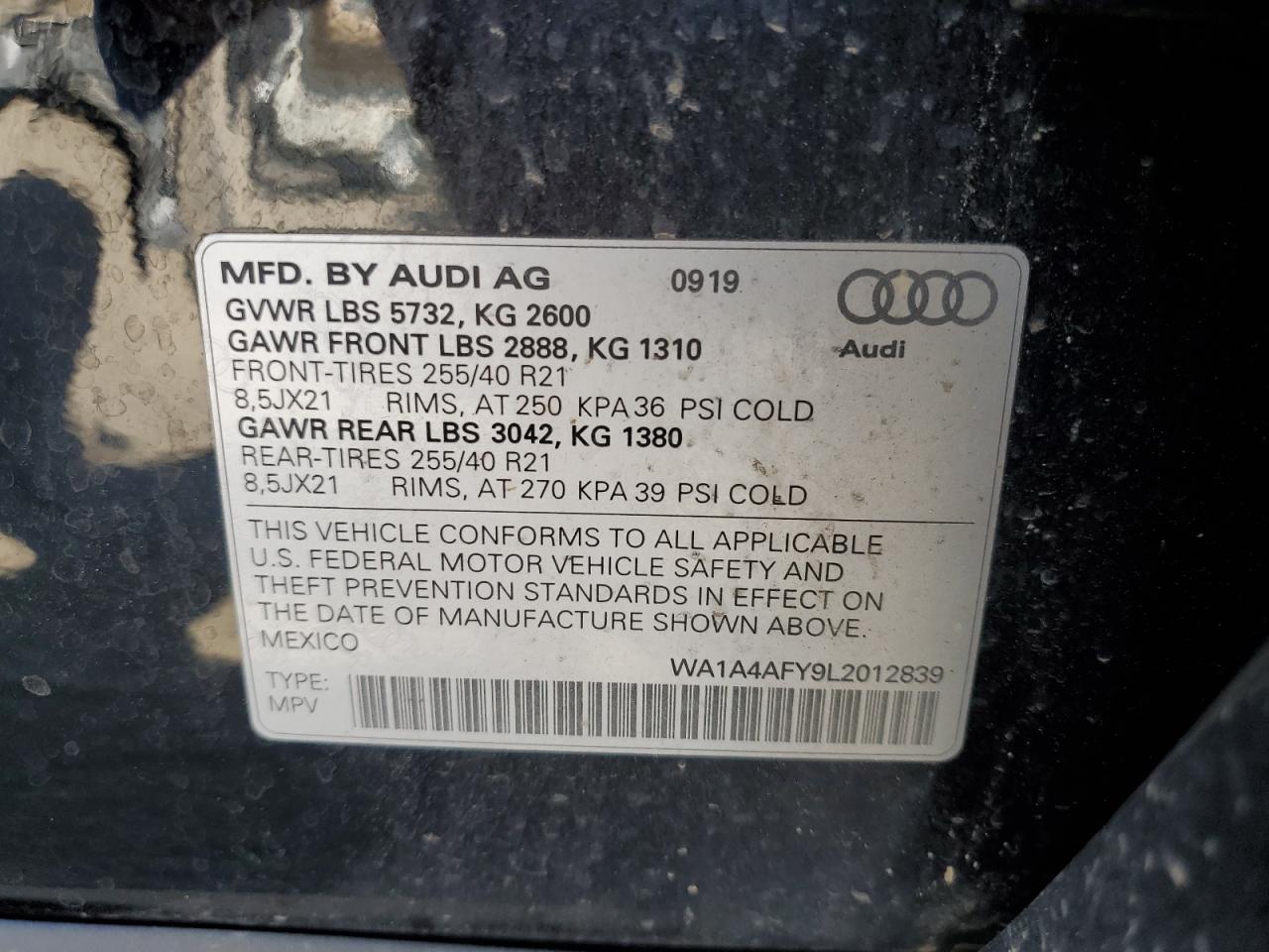 WA1A4AFY9L2012839 2020 Audi Sq5 Premium