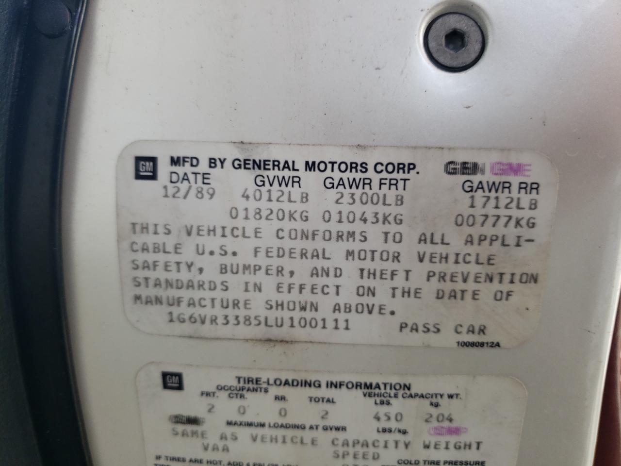 1g6vr3385lu100111 1G6VR3385LU100111 1990 Cadillac Allante Cv