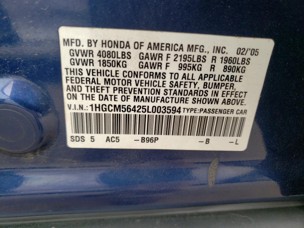 1HGCM56425L003594 2005 Honda Accord Lx