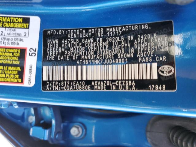 4T1B11HK7JU049901 | 2018 TOYOTA CAMRY L