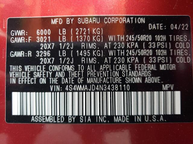 2022 SUBARU ASCENT ONY 4S4WMAJD4N3438110