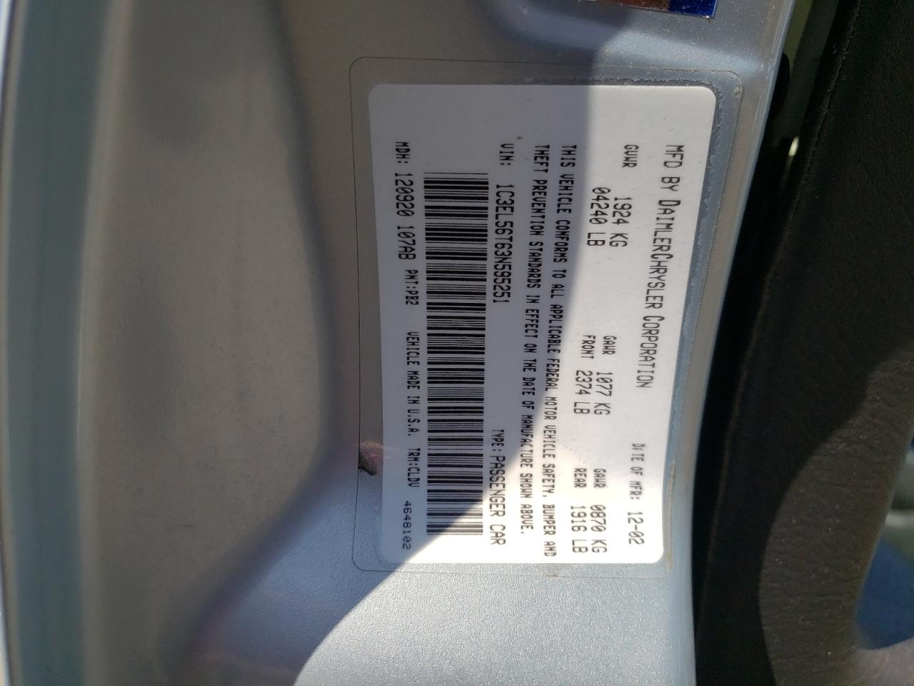 1C3EL56T63N595251 2003 Chrysler Sebring Lxi