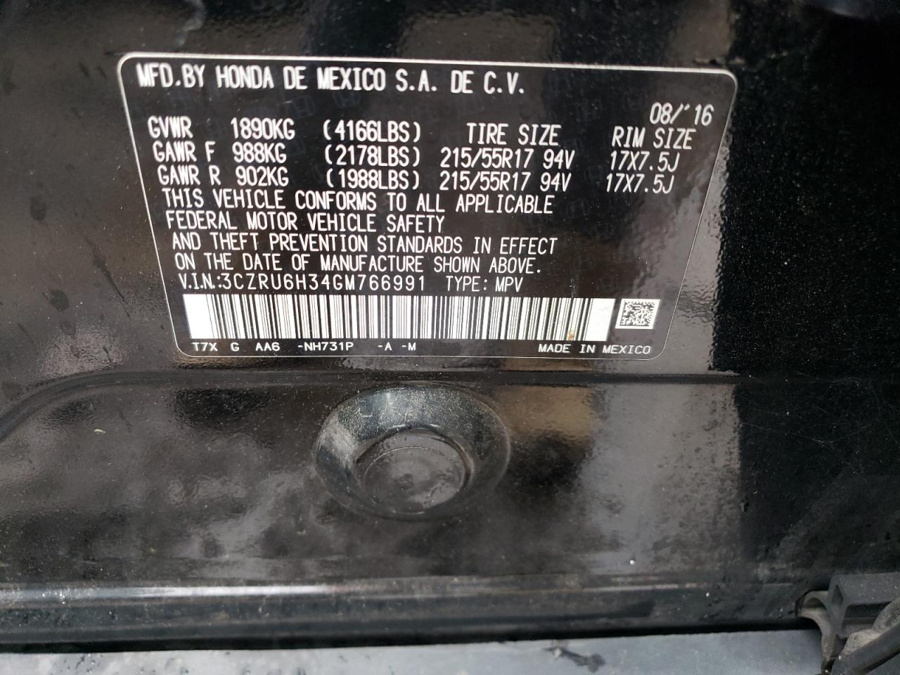 3CZRU6H34GM766991 HONDA HR-V 2016