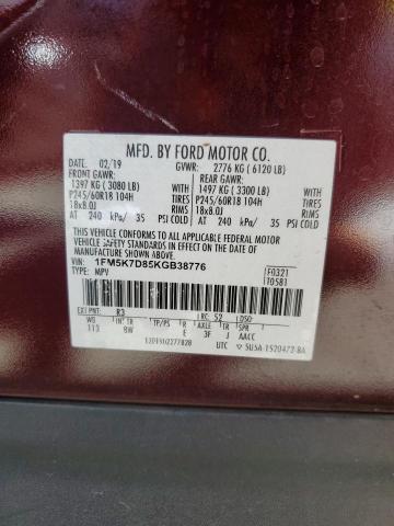 1FM5K7D85KGB38776 Ford EXPLORER XLT