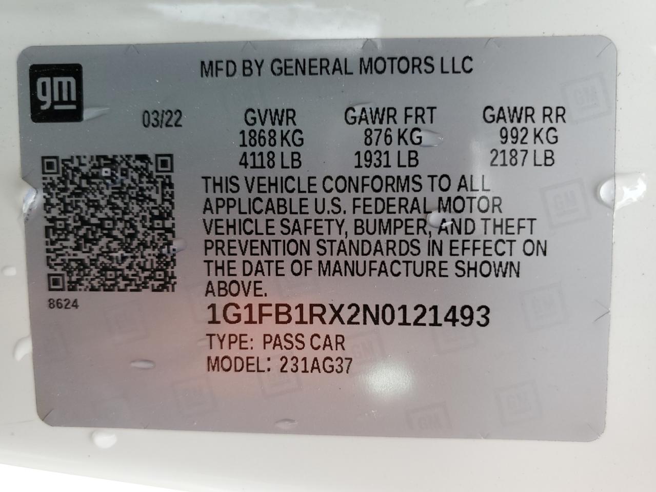 1G1FB1RX2N0121493 CHEVROLET CAMARO 2022