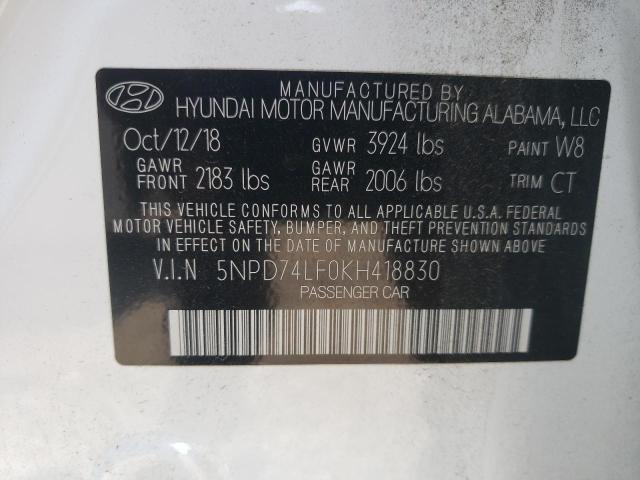 2019 Hyundai Elantra Se VIN: 5NPD74LF0KH418830 Lot: 64898633