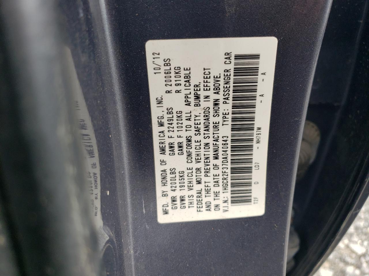 1HGCR2F37DA040643 2013 Honda Accord Lx