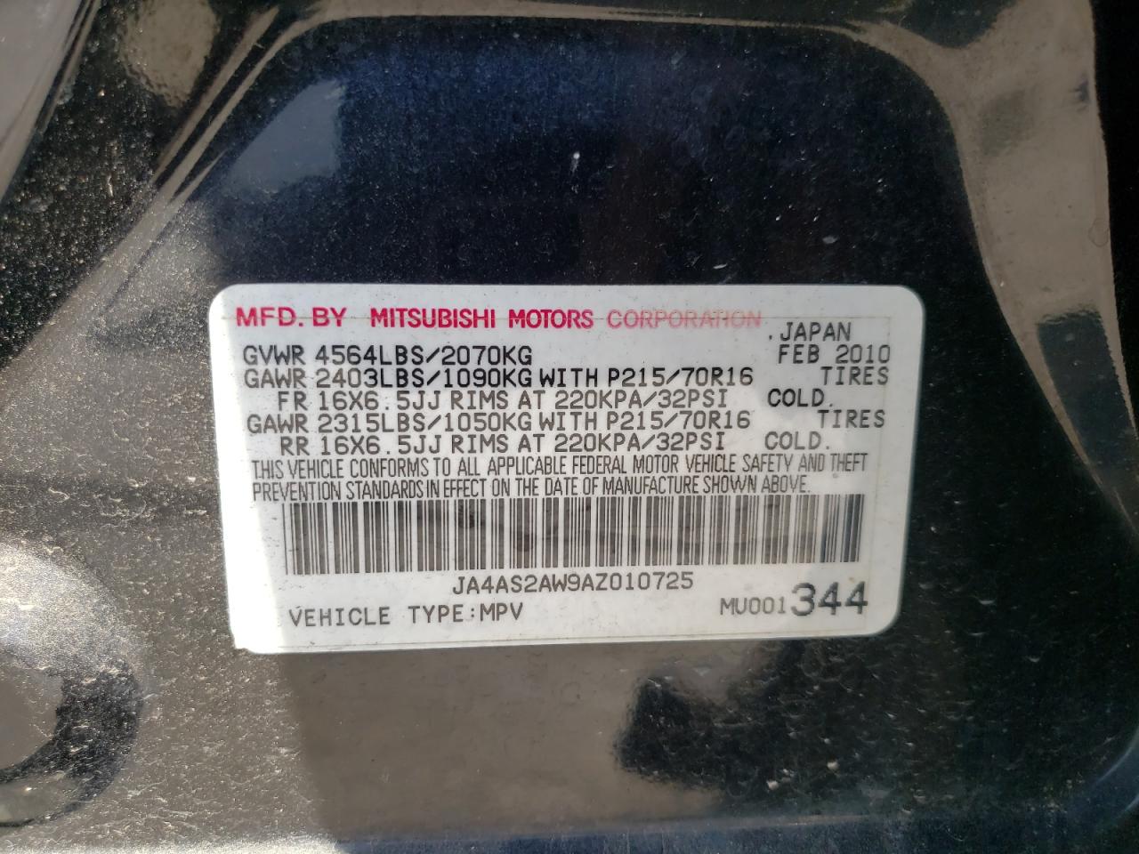 ja4as2aw9az010725 JA4AS2AW9AZ010725 2010 Mitsubishi Outlander Es
