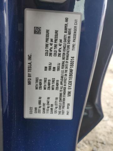 2022 TESLA MODEL 3 AW 5YJ3E1EB6NF188014