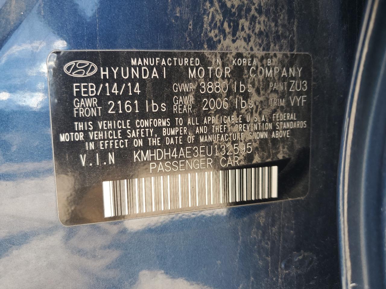 2014 Hyundai Elantra Se vin: KMHDH4AE3EU132595