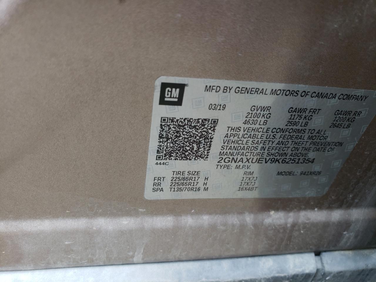 2GNAXUEV9K6251354 CHEVROLET EQUINOX 2019