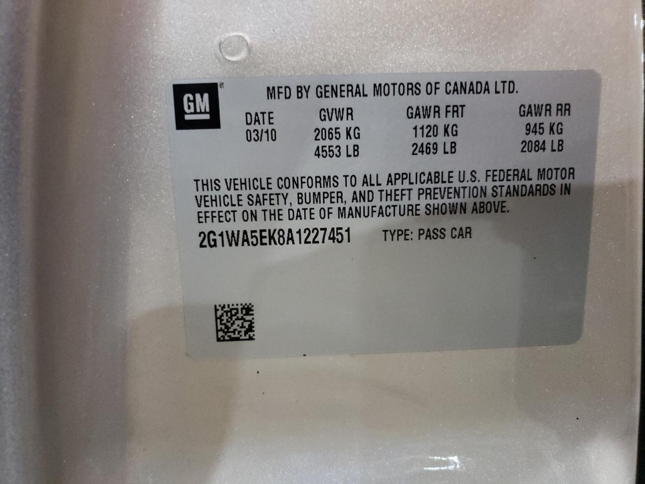 2G1WA5EK8A1227451 2010 Chevrolet Impala Ls