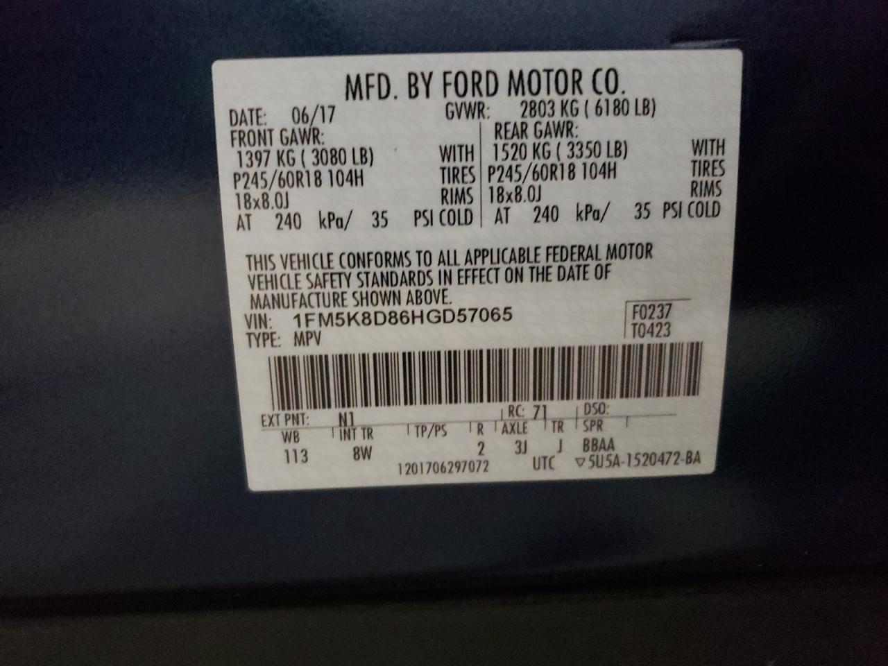 1FM5K8D86HGD57065 FORD EXPLORER 2017
