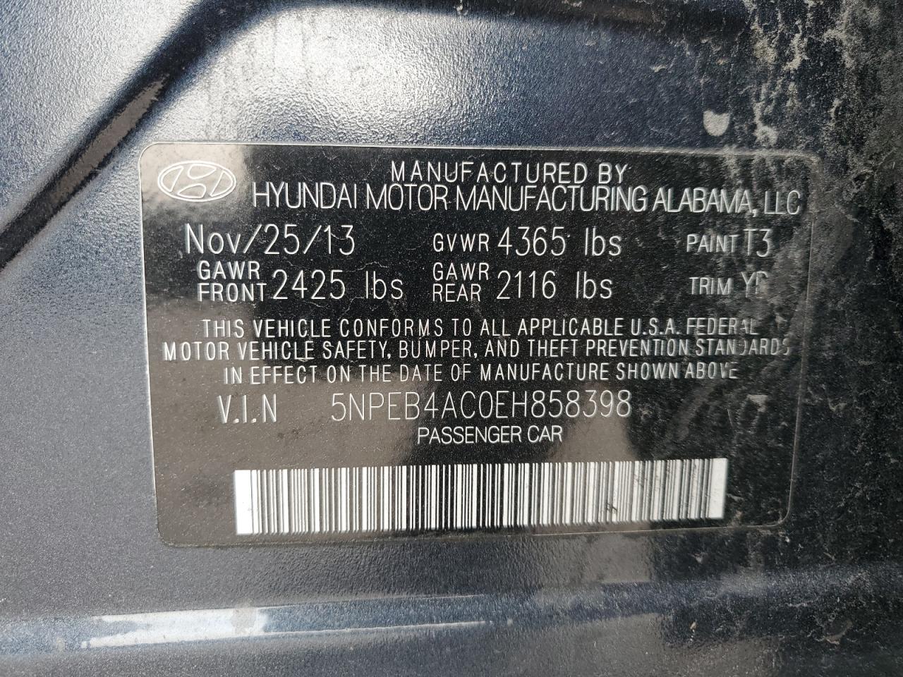 5NPEB4AC0EH858398 2014 Hyundai Sonata Gls