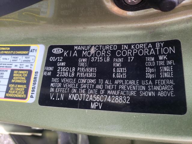 VIN: KNDJT2A56C7428832 Auction: COPART Lot: 64012353 Location: PA - PITTSBURGH SOUTH KNDJT2A56C7428832 KIA SOUL 2012 GREEN Photo 12