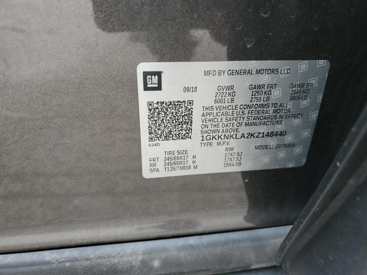 1GKKNKLA2KZ148440 2019 GMC Acadia Sle