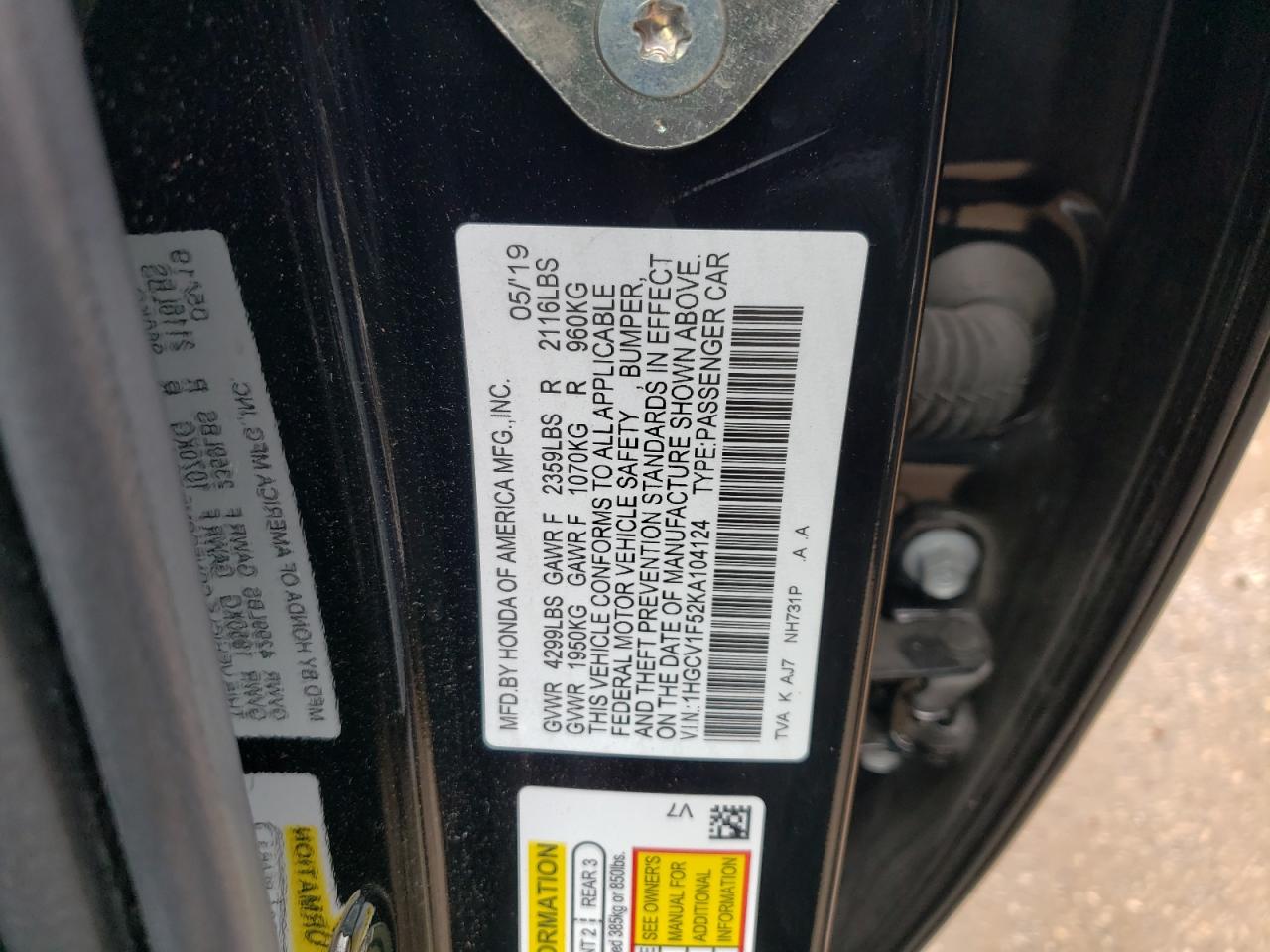 1HGCV1F52KA104124 2019 Honda Accord Exl