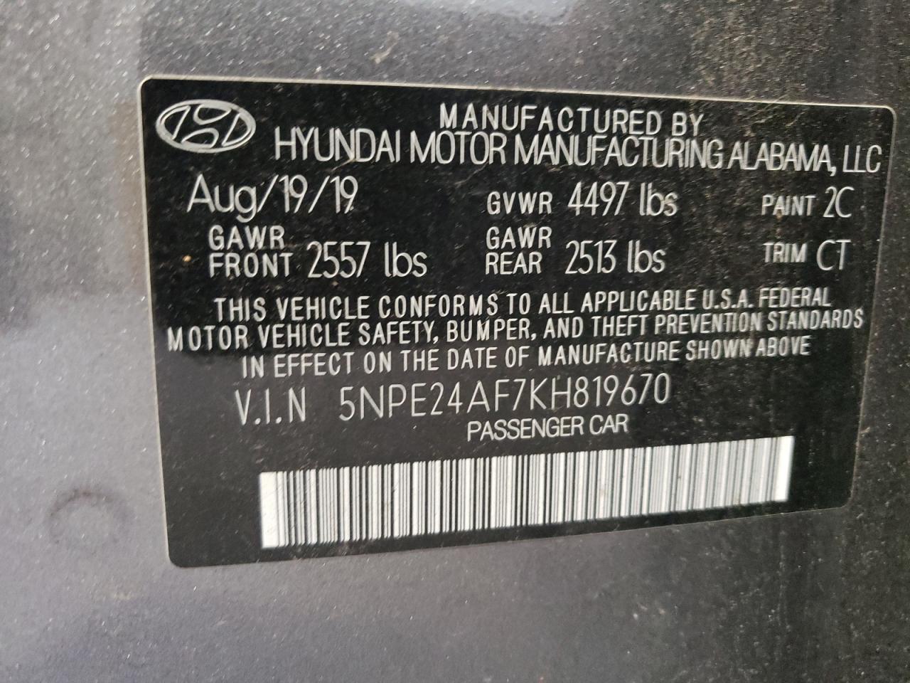 2019 Hyundai Sonata Se vin: 5NPE24AF7KH819670