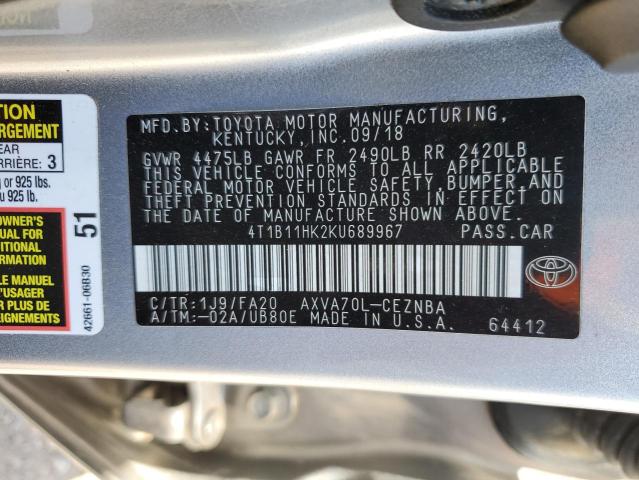 4T1B11HK2KU689967 Toyota Camry L 12