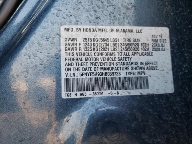 5FNYF5H93HB039728 Honda Pilot Touring