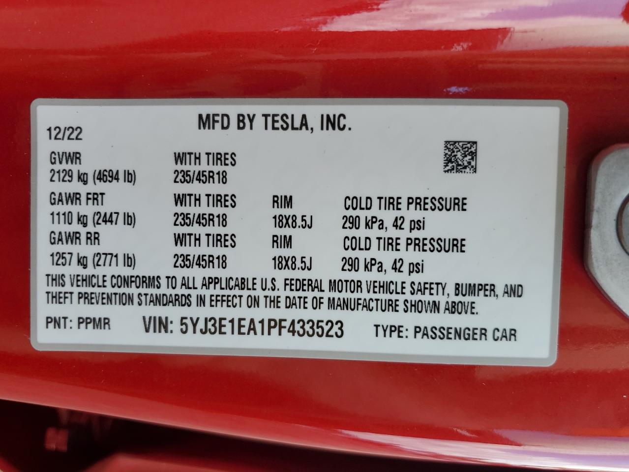 Lot #2110963285 2023 TESLA MODEL 3