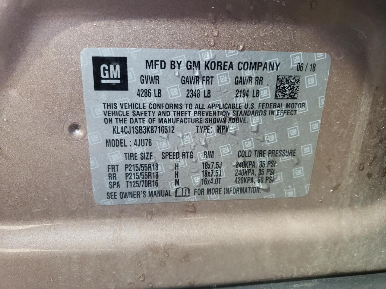 kl4cj1sb3kb710512 KL4CJ1SB3KB710512 2019 Buick Encore Sport Touring