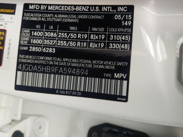 VIN 4JGDA5HB9FA594894 2015 Mercedes-Benz ML-Class, ... no.10