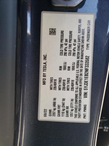 2022 TESLA MODEL 3 AW 5YJ3E1EB2NF333582