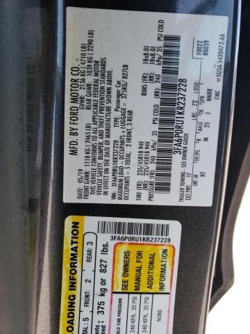 3FA6P0RU1KR237228 2019 FORD FUSION, photo no. 12