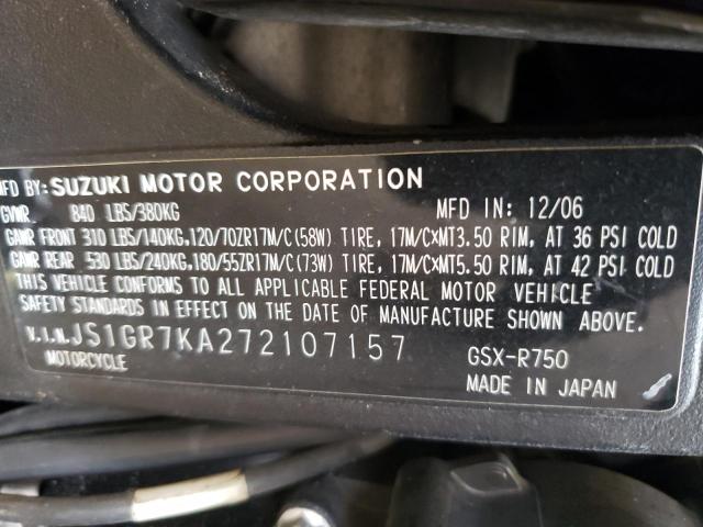 2007 SUZUKI GSXR750 - JS1GR7KA272107157