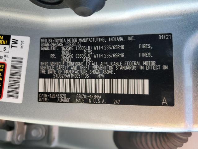 5TDGZRAH1MS051135 Toyota Highlander Xle