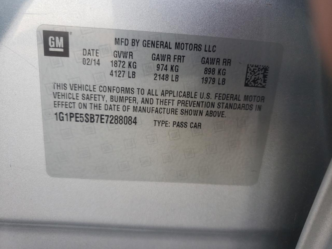 1G1PE5SB7E7288084 2014 Chevrolet Cruze Lt