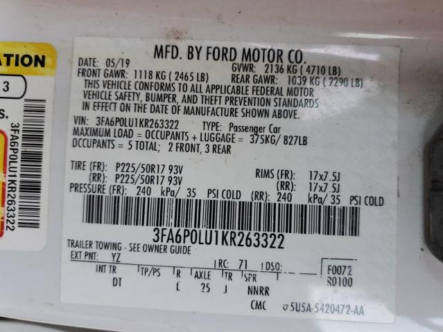 3FA6P0LU1KR263322 2019 FORD FUSION, photo no. 12