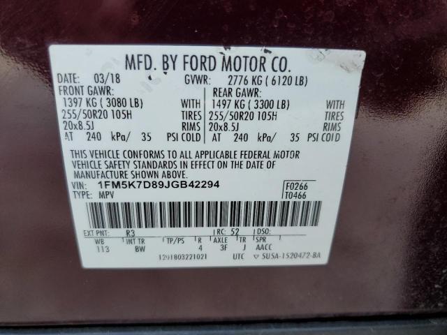 1FM5K7D89JGB42294 Ford EXPLORER XLT