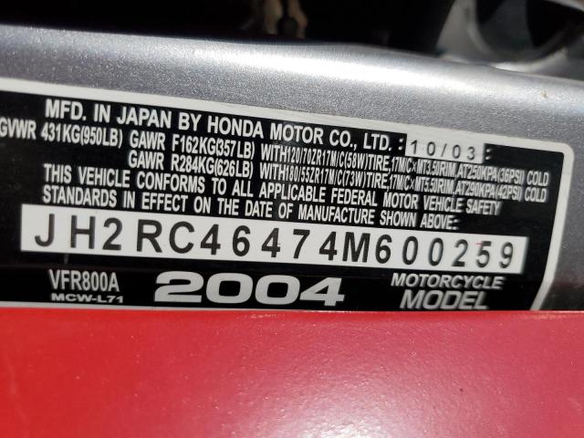 2004 HONDA VFR800 A JH2RC46474M600259