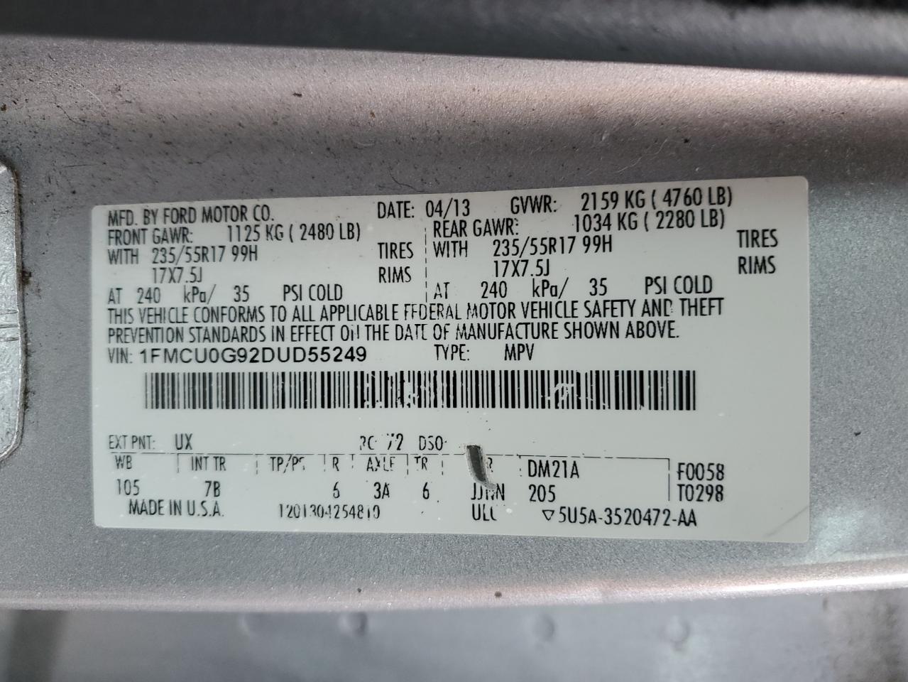 2013 Ford Escape Se vin: 1FMCU0G92DUD55249