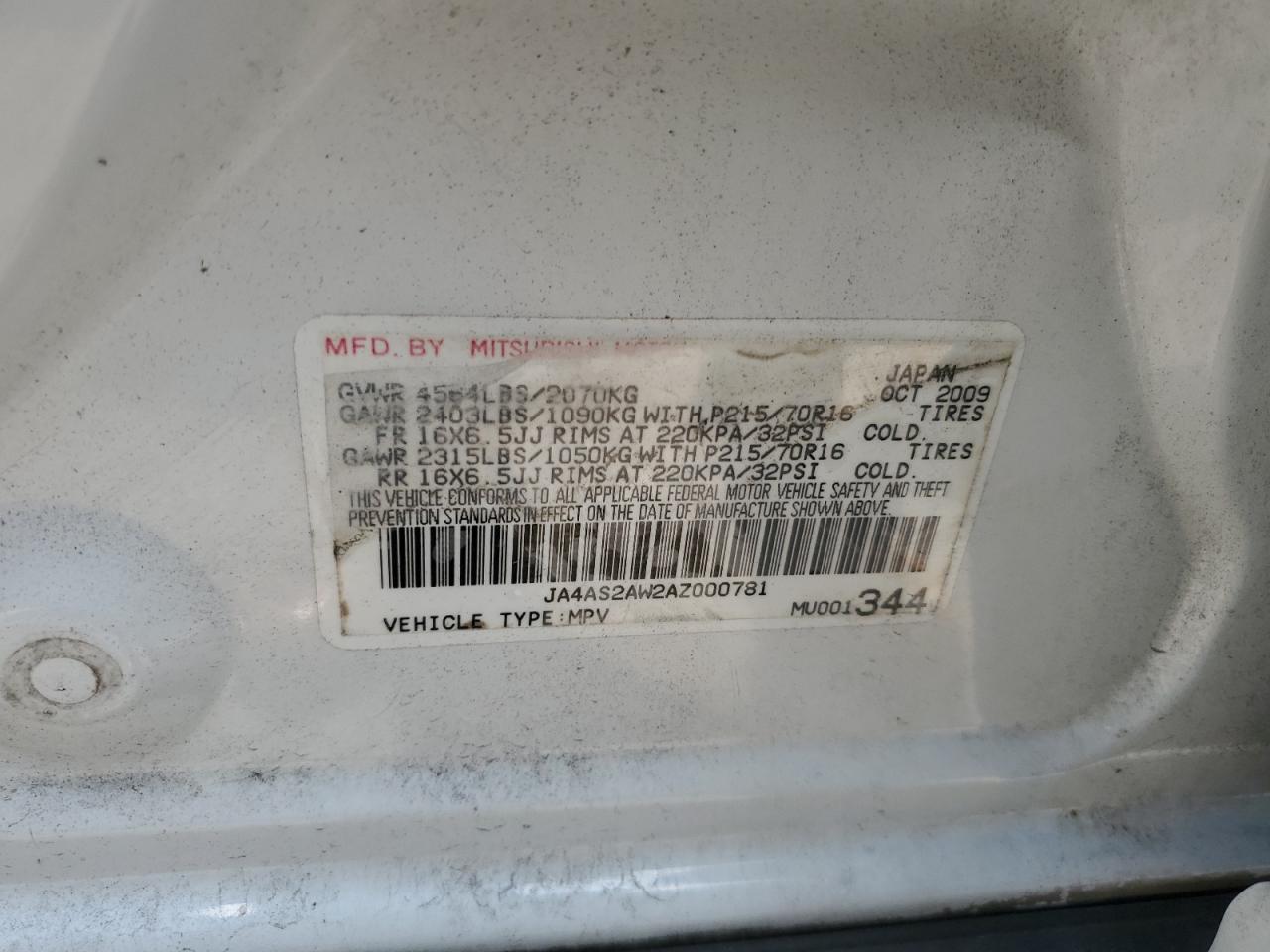 JA4AS2AW2AZ000781 2010 Mitsubishi Outlander Es