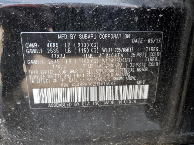 VIN: 4S4BSADC2H3415047 Auction: COPART Lot: 64770613 Location: WI - APPLETON 4S4BSADC2H3415047 SUBARU OUTBACK 2017 BLACK Photo 12