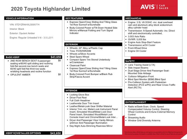 VIN 5TDYZRAHXLS005774 2020 Toyota Highlander, Limited no.13