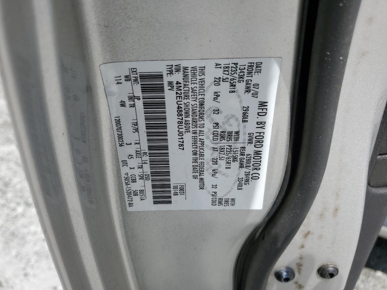 4M2EU48878UJ01787 2008 Mercury Mountaineer Premier