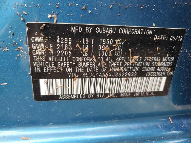 VIN: 4S3GKAA6XJ3622932 Auction: COPART Lot: 63559243 Location: NY - ALBANY 4S3GKAA6XJ3622932 SUBARU IMPREZA 2018 BLUE Photo 12