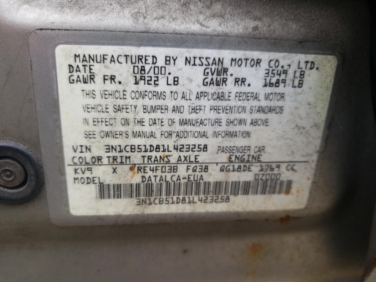 3N1CB51D81L423258 2001 Nissan Sentra Xe