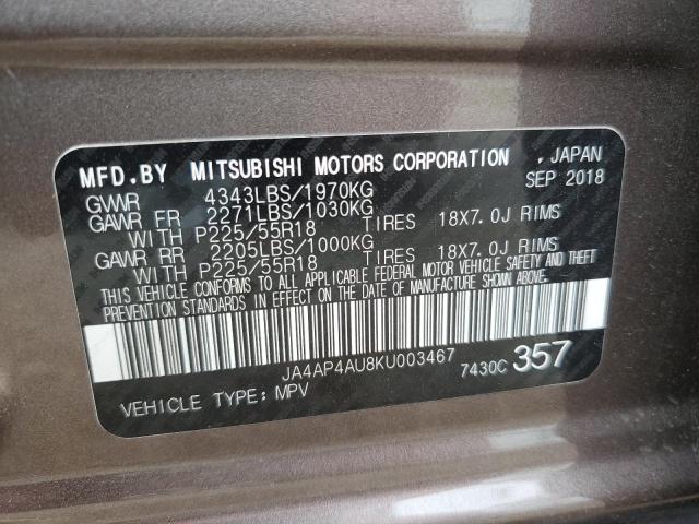 VIN JA4AP4AU8KU003467 Mitsubishi Outlander  2019 10