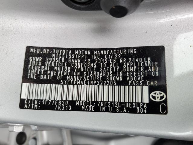 5YFEPMAE4NP322205 Toyota Corolla LE 10