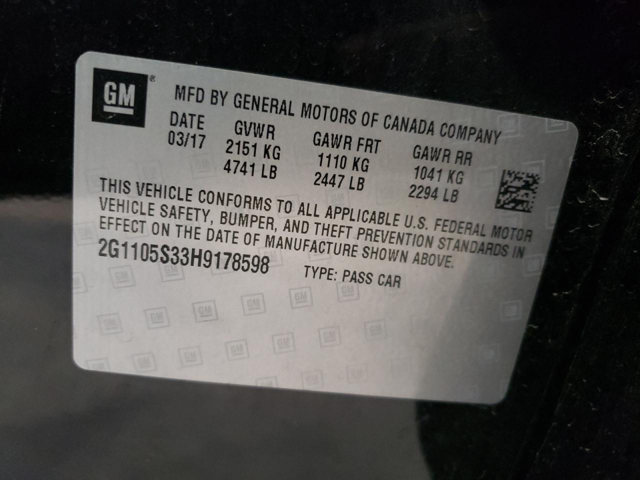 VIN: 2G1105S33H9178598 2017 CHEVROLET IMPALA