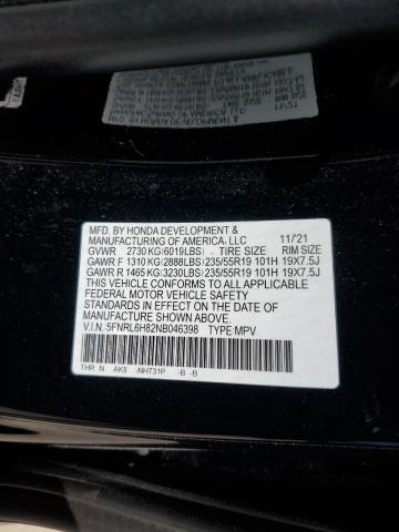 5FNRL6H82NB046398 2022 HONDA ODYSSEY, photo no. 12