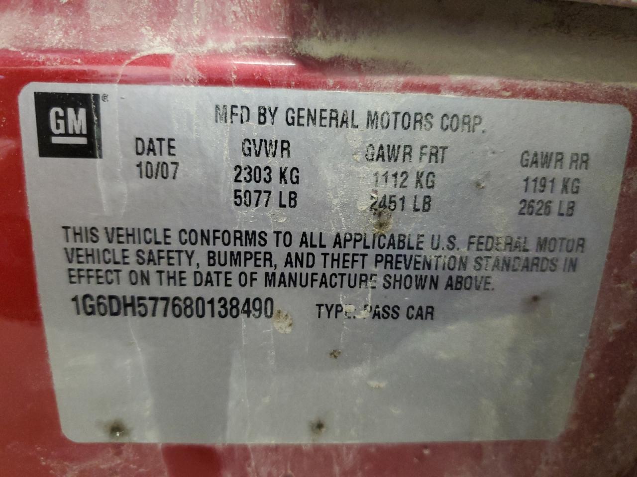 1G6DH577680138490 2008 Cadillac Cts