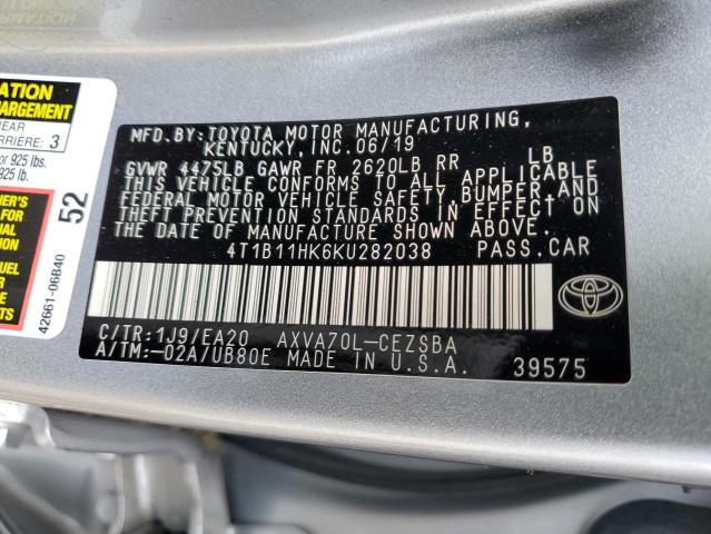 4T1B11HK6KU282038 | 2019 TOYOTA CAMRY L