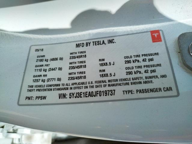5YJ3E1EA0JF019737 Tesla MODEL 3